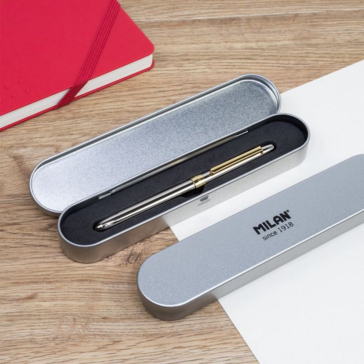 Milan Geschenkdoos 4 Functie Pen Gum Mechanisch Potlood Blauwe En Rode Pen Zilver