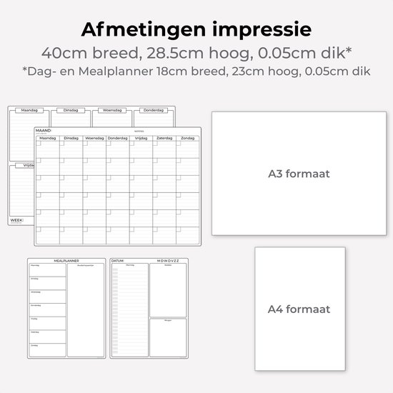 Afmetingen van de Systemyze magnetische planners: 40cm breed, 28.5cm hoog, 0.05cm dik.