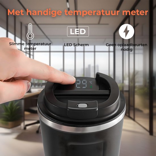 Maca Thermosbeker - Koffiebeker To Go - Met Temperatuurmeter - 380ml - Travel Mug - RVS - Zwart