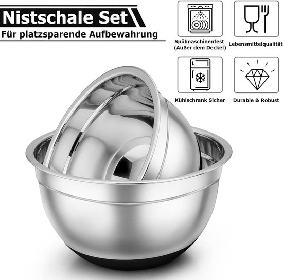 Ensemble de 3 bols mélangeurs en acier inoxydable avec couvercles noirs. Descriptions : passe au lave-vaisselle, qualité alimentaire, conservation au réfrigérateur, durable et robuste.