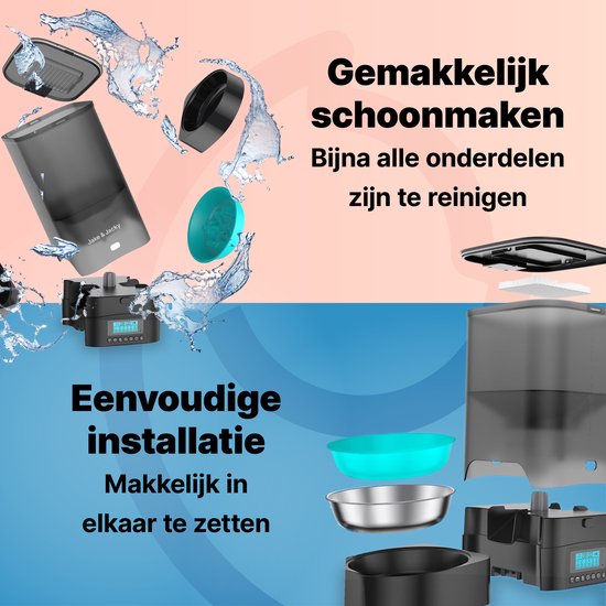 Jake and Jacky Automatische Voerbak - Inclusief 2 RVS Voerbakken & 2 Slowfeeders - Voerautomaat & Anti-Schrokbak - Voerdispenser Kat en Hond - Eetbak voor Katten & Honden - 5 Liter - Zwart