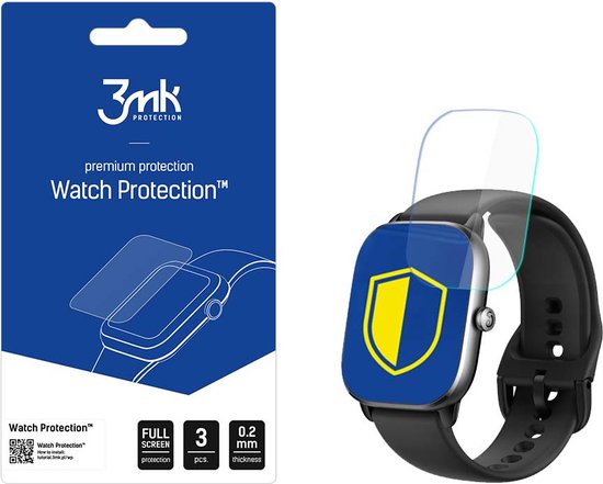 Watch Protection™ screenprotector op een smartwatch met een blauw/geel schildlogo. Inclusief verpakking.