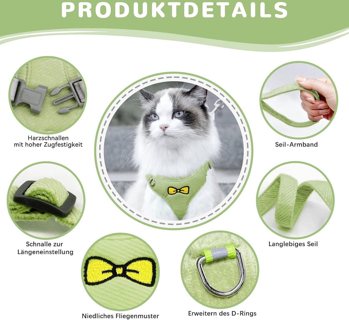 Grantop Kattenharnas Set – Verstelbaar Ontsnappingsbestendig Vest Met Riem, Maat M, Groen – Voor Katten En Kleine Honden