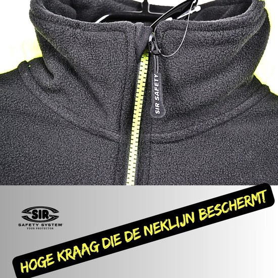 Hoge kraag van een zwarte werktrui met neongele rits. Tekst: 'HOGE KRAAG DIE DE NEKLIJN BESCHERMT'