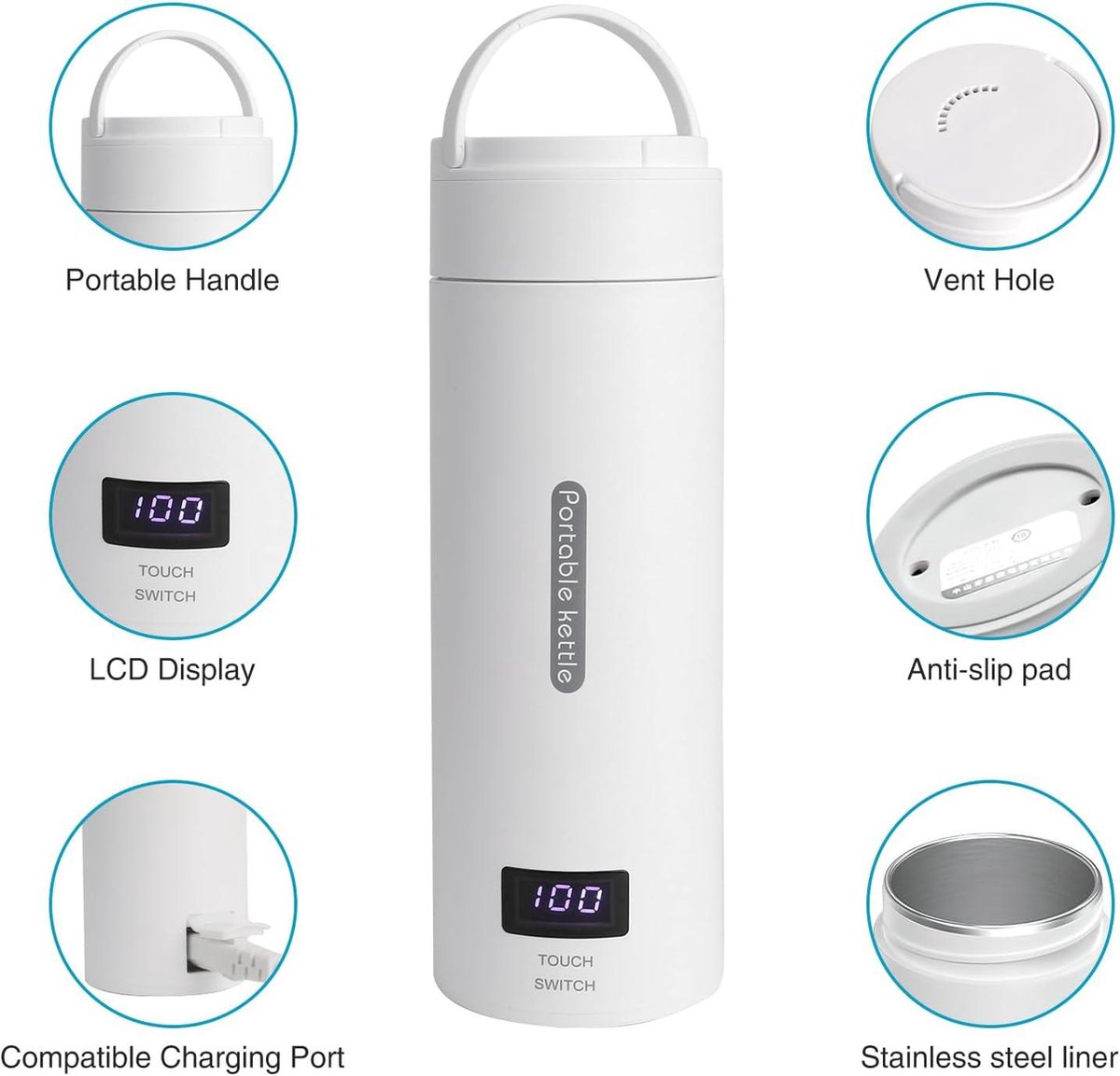 Flintronic Draagbare waterkoker, 475 ml, reiswaterkoker, draagbare elektrische waterkoker met lcd-display voor thee, koffie, melk, automatische uitschakeling/bescherming tegen koken, droog