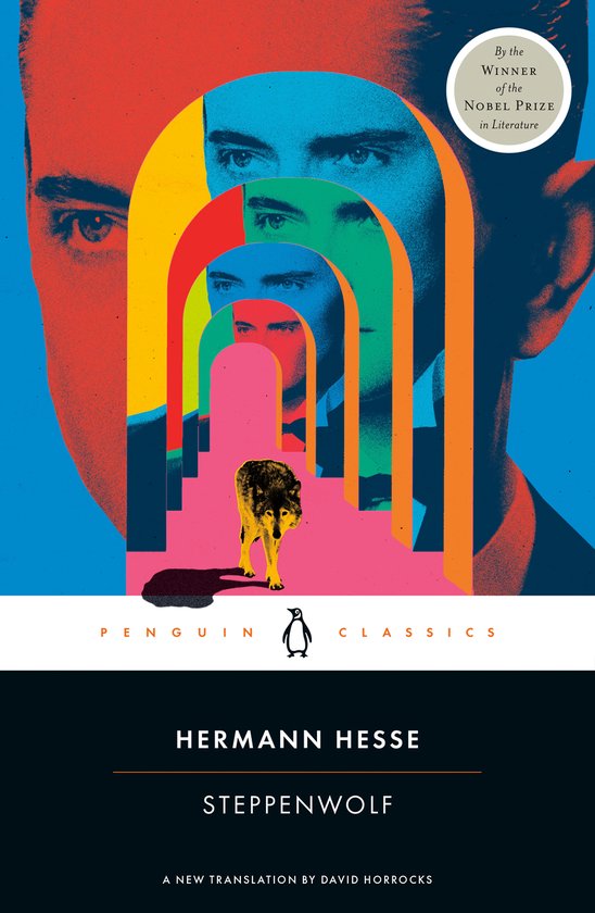 Couverture du livre Steppenwolf de Hermann Hesse, avec un loup traversant des arches colorées. Texte : "By the WINNER of the NOBEL PRIZE in Literature"