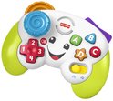 Fisher-Price leercontroller met lachend gezicht, ABC-knoppen en cijfers 1-4. Wit speelgoed met groene handvatten en een paarse strik aan de bovenkant.