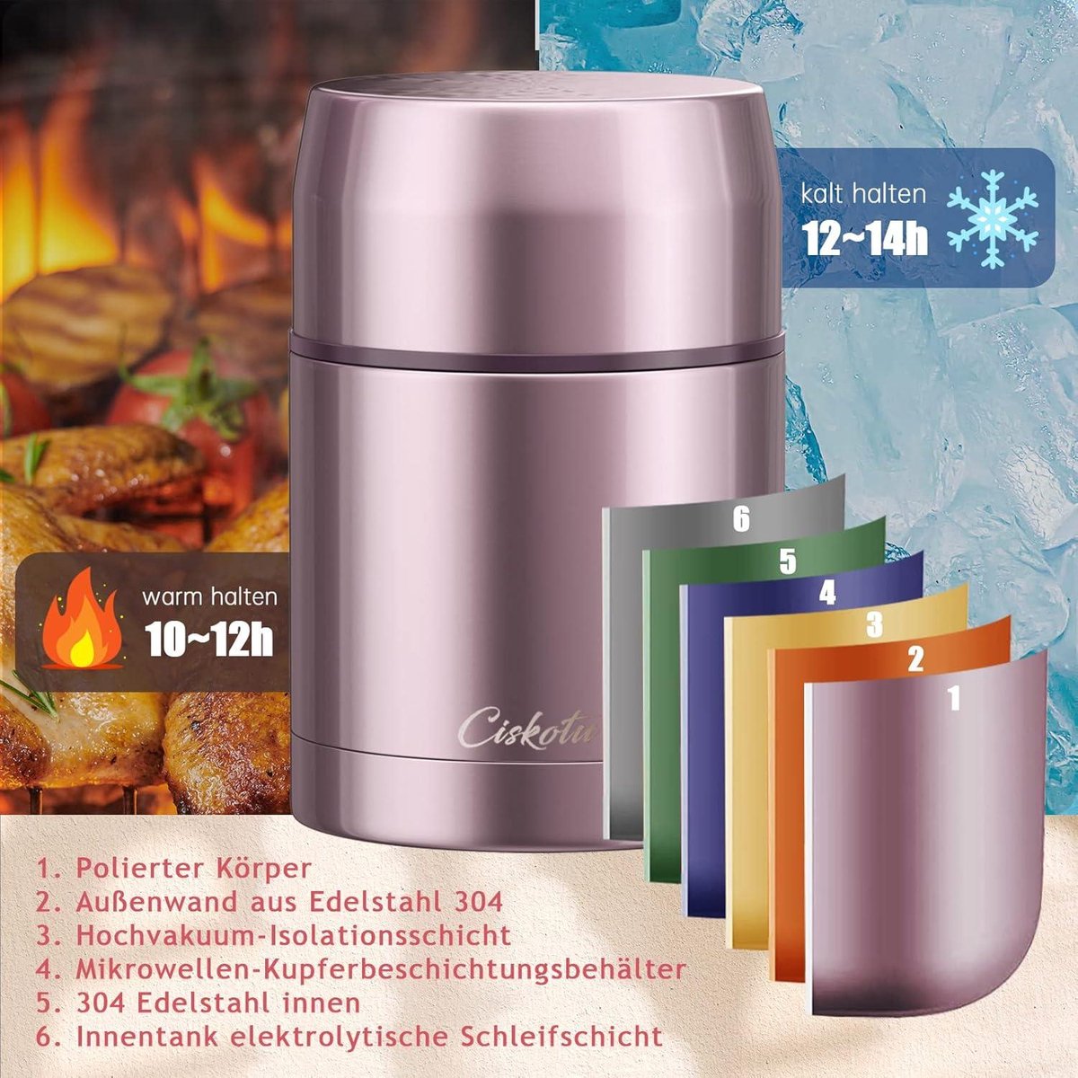 Thermocontainer voor eten, 500 ml, roestvrij staal, warmhoudcontainer, voor soep, babypap, muesli