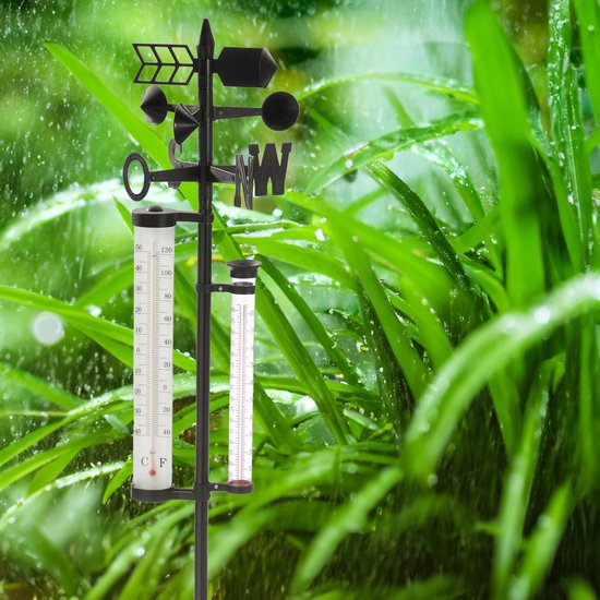 Foto: Bellatio design regenmeter weerstation thermometer windwijzer neerslagmeter op stok 150 cm