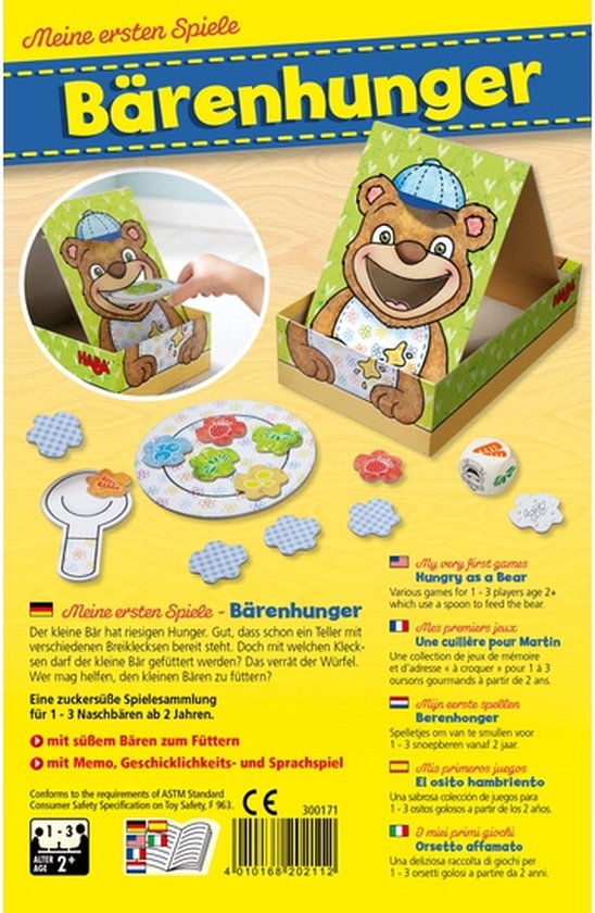 Achterkant HABA Bärnhunger speldoos met spelbeschrijving en illustratie.