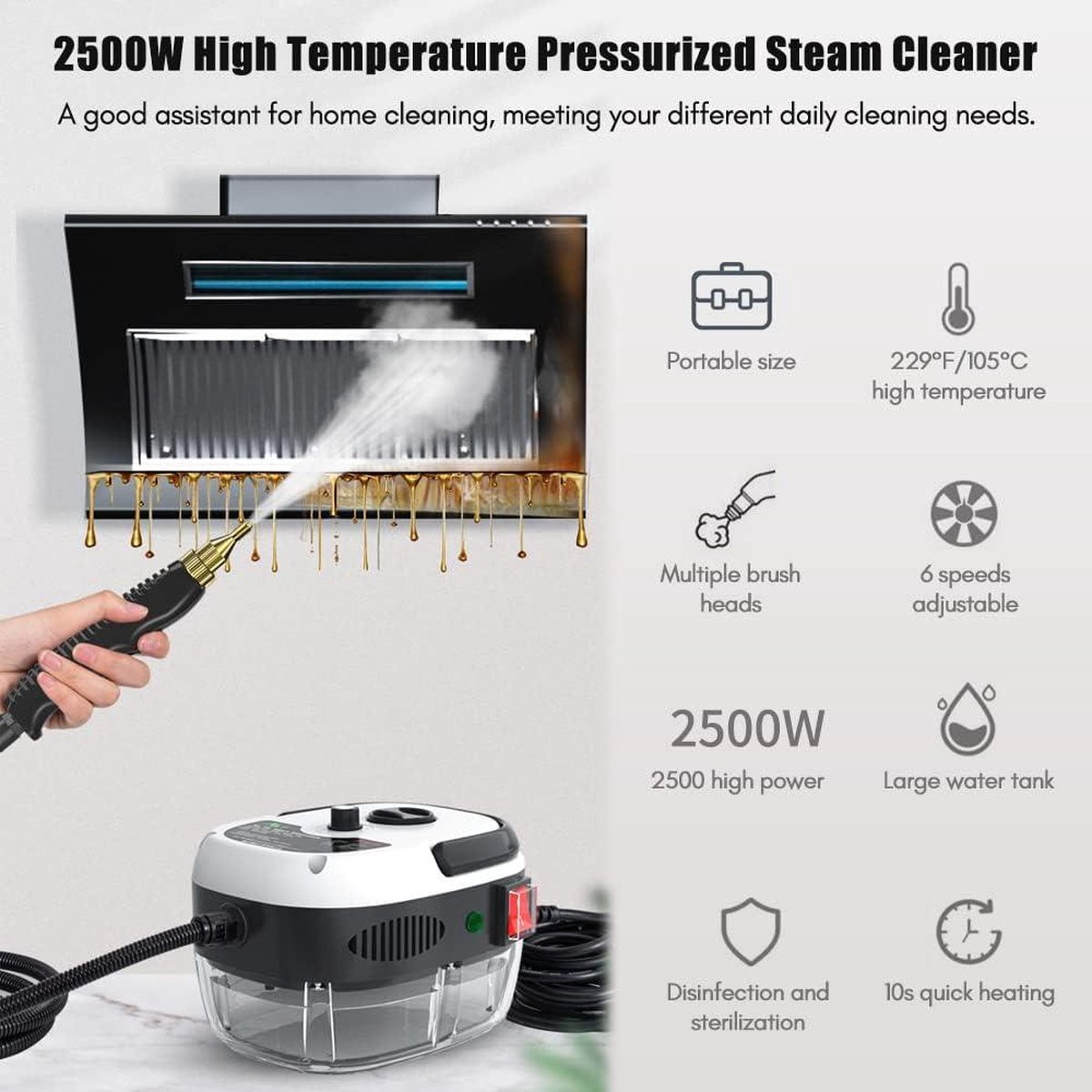 Nettoyeur Vapeur Portable 2500W - Réservoir 1,2L, 6 Accessoires, 9 Vitesses - Pour Sol, Canapé, Salle De Bain, Voiture - 14