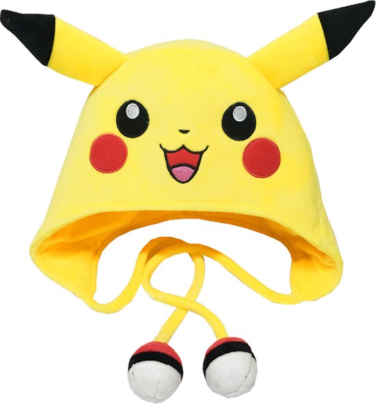Gele Pikachu muts met oren, rode wangen en kwastjes aan de flappen.
