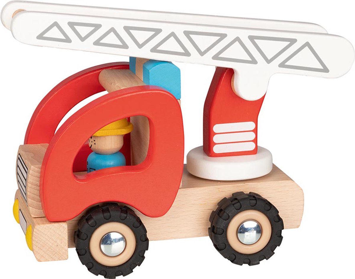 GOKI Houten voertuig - Brandweerladdertruck - 19,6X9X13,9Cm - Met Rubberen Banden - 2 Jaar