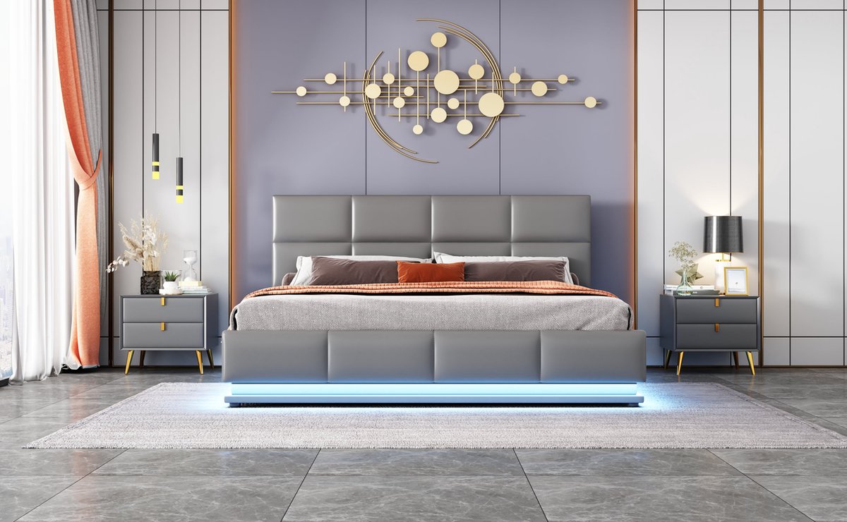 Merax Kunstleer Gestoffeerd Tweepersoonsbed 160x200 cm met LED-verlichting en Verstelbaar Hoofdbord - Bed met Metalen Lattenbodem en Hydraulische Opbergruimte - Grijs