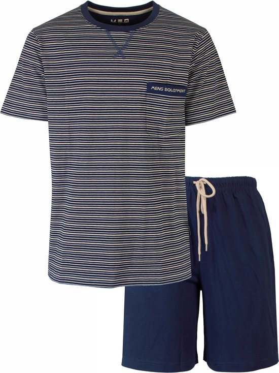 MEQ Heren Shortama - Gestreept Dessin - Ronde Hals - Blauw - Maat 3XL