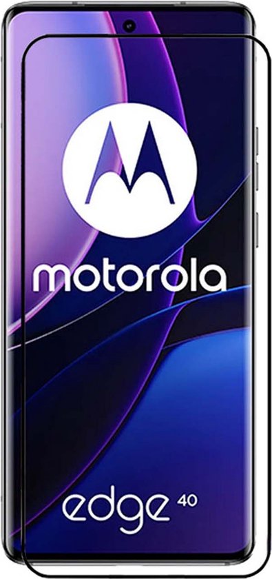 Dunne screenprotector met zwarte randen, geplaatst op een Motorola Edge 40.
