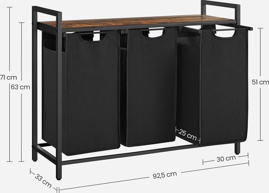 xDays Wasmand 3 vakken – uitschuifbaar met plank - 92.5 x 33 x 71 cm - wassorteerder - 114 liter verdeeld over 3 zakken – wasmanden zwart metaal en bruin hout