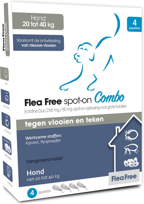 Flea Free Spot-on Combo Anti Vlooien en Teken Druppels Hond 20-40 kg - 4 pipetten