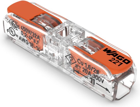 WAGO 221-2411 Borne de raccordement flexible: 0.14-4 mm² rigide: 0.2-4 mm² Nombre de pôles: 1 60 pc(s) transparent, ora
