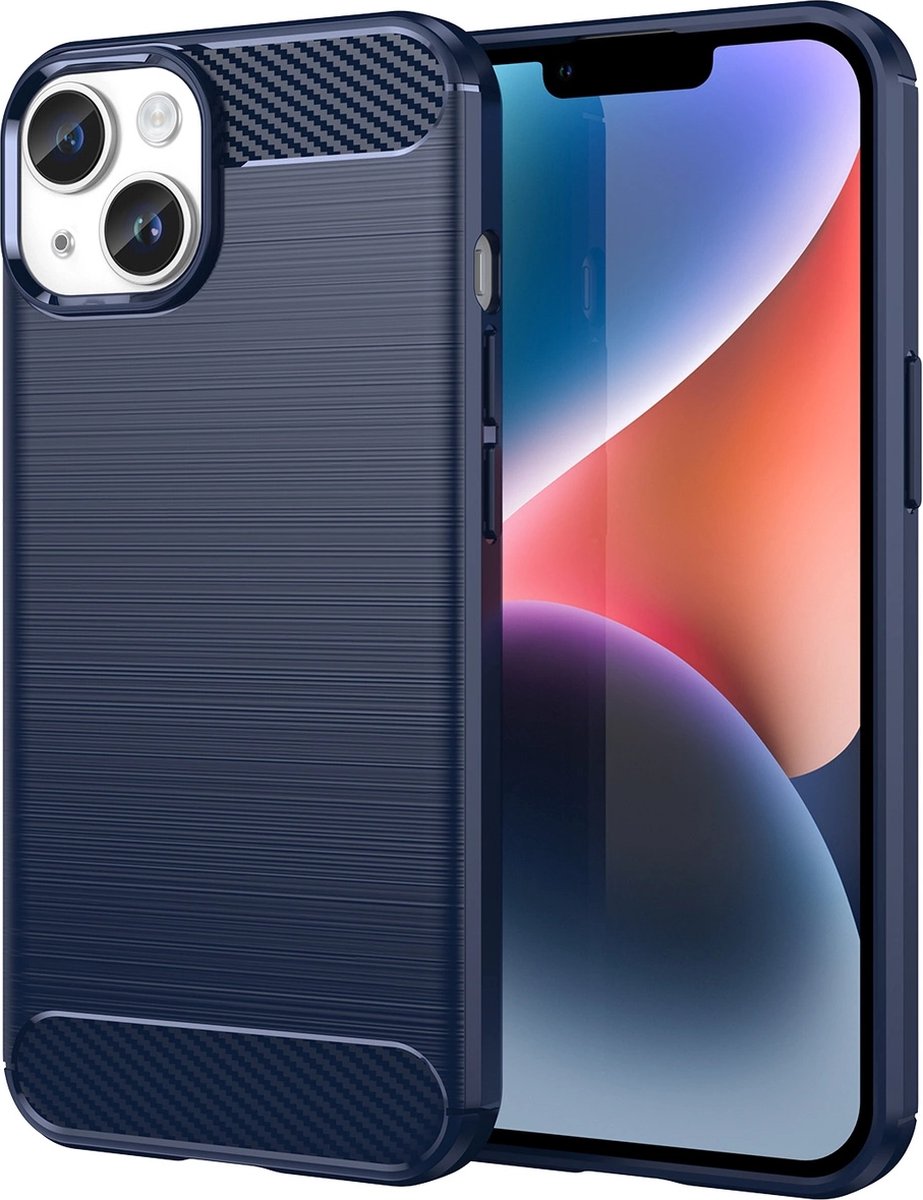 Carbon - Case - iPhone - 14 - hoesje, - flexibele - gel - achterkant, - blauw