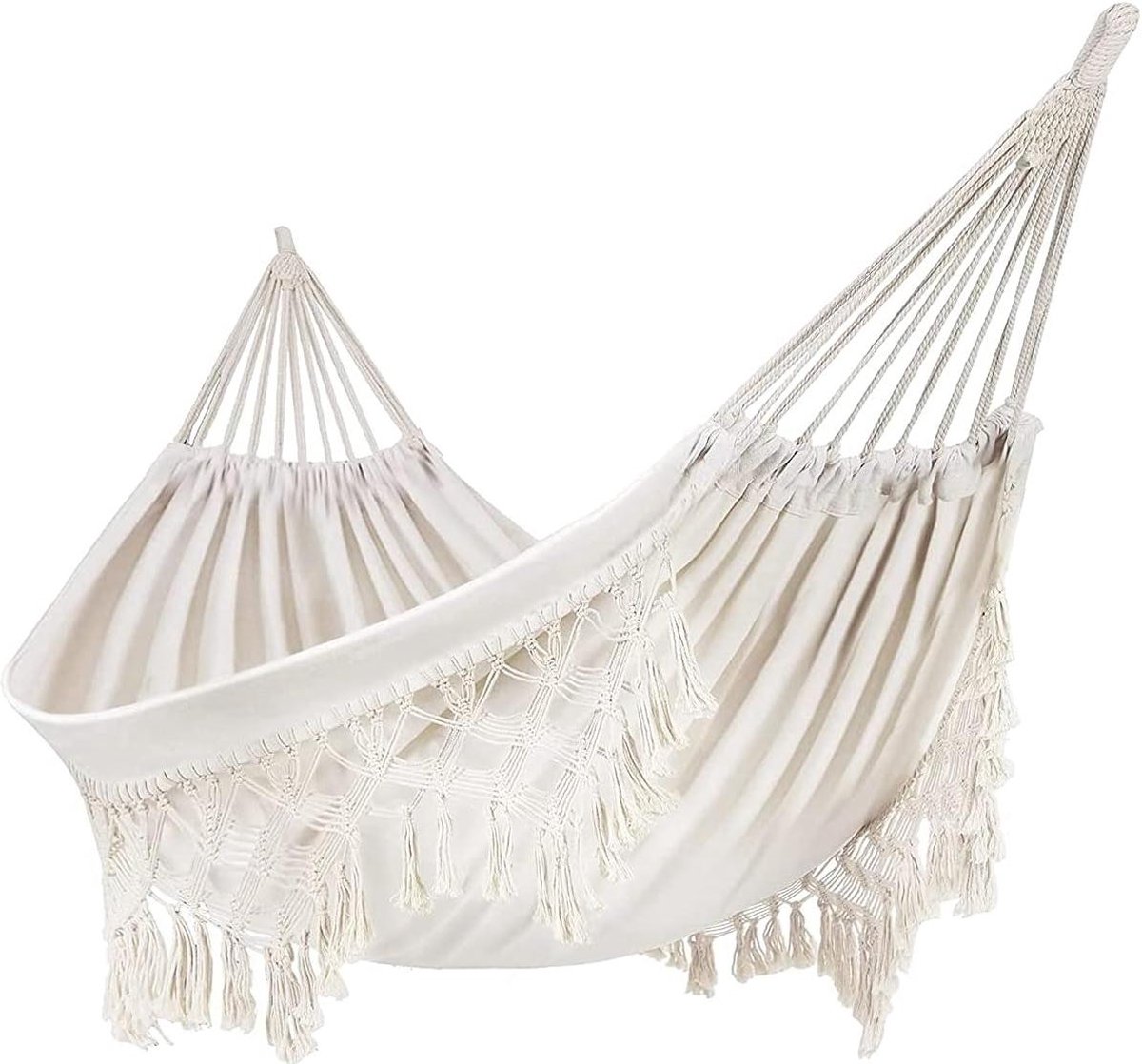 Tuin hangmat van katoen met macramé franjes boho stijl voor balkon en terras handgemaakt met kwastjes geschikt voor 2 personen belastbaar tot 250 kg voor thuis en strand