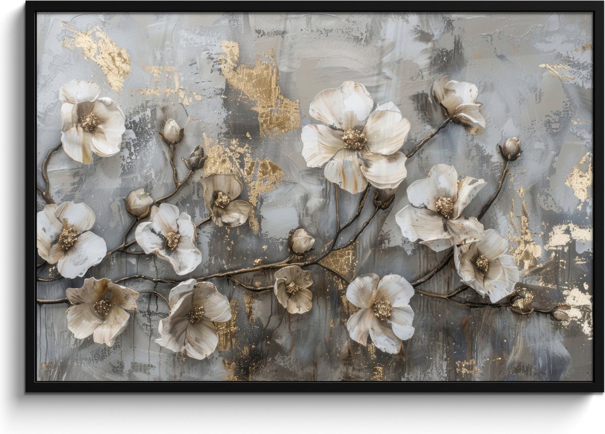 FrameYourWall Poster in lijst - Fotolijst 120x80 cm - Posters - Bloemen - Wit - Grijs - Goud - Luxe - Posterlijst zwart - Decoratie - Wanddecoratie woonkamer - Muurdecoratie slaapkamer