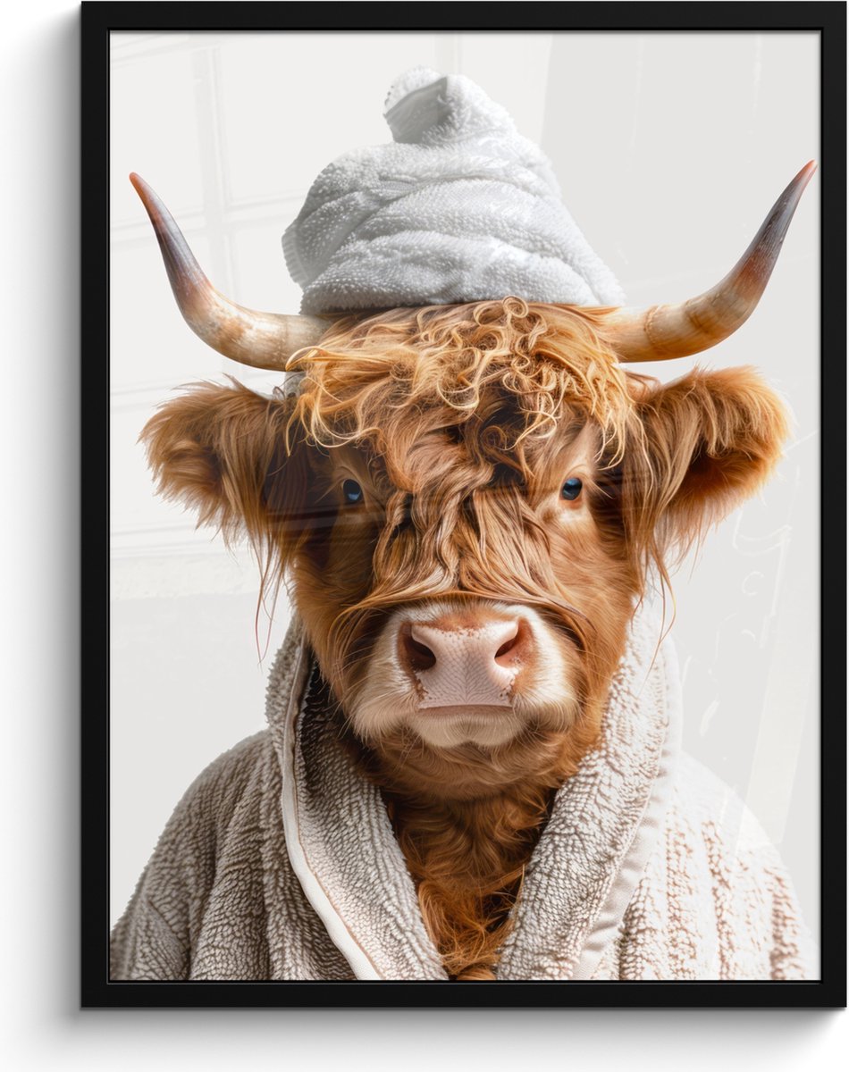 FrameYourWall Poster in lijst - Fotolijst 60x80 cm - Posters - Schotse hooglander - Badjas - Koe - Dieren - Posterlijst zwart - Wanddecoratie badkamer - Muurdecoratie WC - Decoratieve accessoires - Toilet muur decoratie