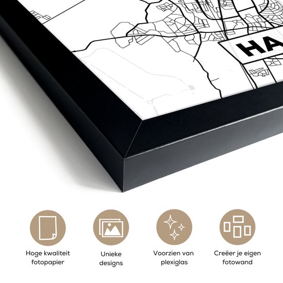 Affiche encadrée - Cadre photo 40x40 cm - Posters - Carte - Haarlem - Zwart - Wit - Cadre affiche noir - Décoration - Décoration murale salon - Décoration murale chambre