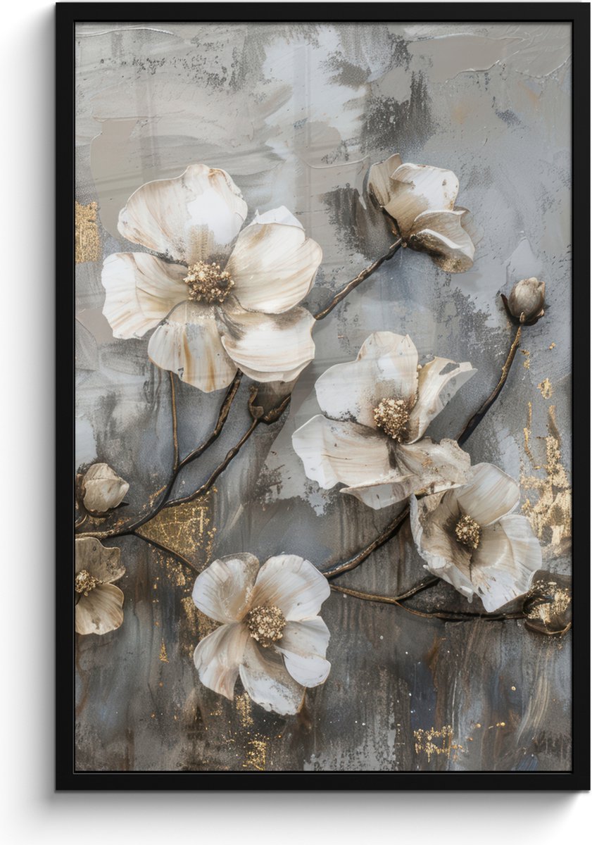 FrameYourWall Poster in lijst - Fotolijst 60x90 cm - Posters - Bloemen - Wit - Grijs - Goud - Luxe - Posterlijst zwart - Decoratie - Wanddecoratie woonkamer - Muurdecoratie slaapkamer