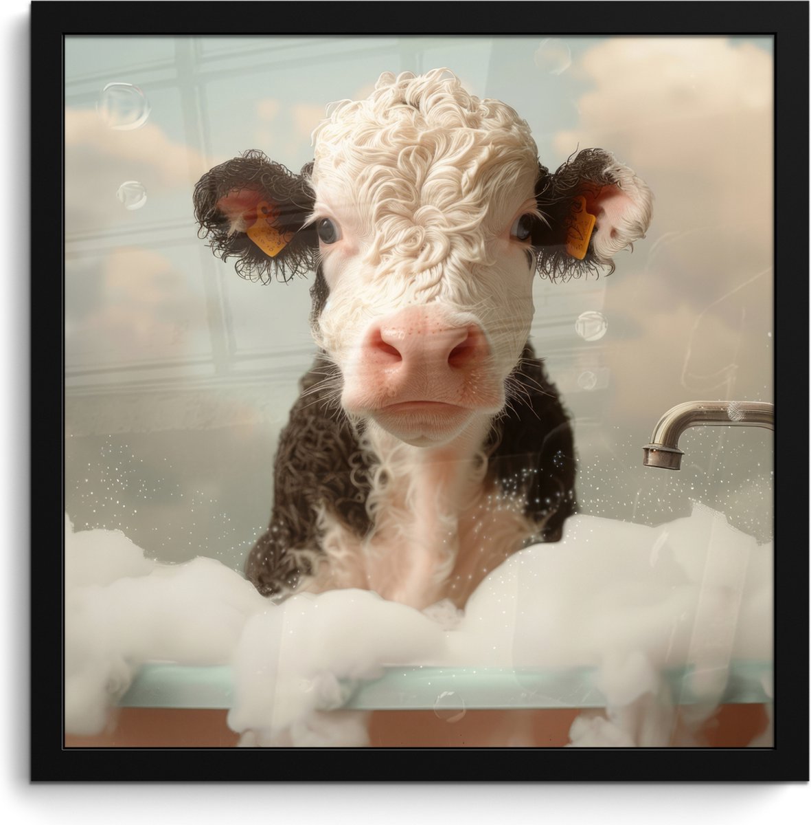 Poster in lijst - Fotolijst 40x40 cm - Posters - Kalf - Koe - Bad - Schuim - Dieren - Post