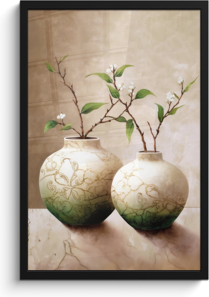 FrameYourWall Poster in lijst - Fotolijst 40x60 cm - Posters - Bloemen - Vaas - Wit - Botanisch - Beige - Posterlijst zwart - Wanddecoratie badkamer - Muurdecoratie WC - Decoratieve accessoires - Toilet muur decoratie Beige - Vazen