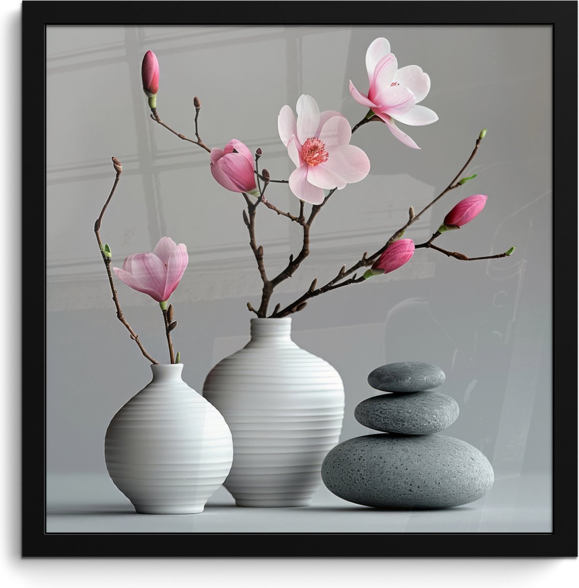 FrameYourWall Poster in lijst - Fotolijst 40x40 cm - Posters - Magnolia - Bloemen - Roze - Zen stenen - Posterlijst zwart - Wanddecoratie badkamer - Muurdecoratie WC - Decoratieve accessoires - Toilet muur decoratie Bloemen - Vaas