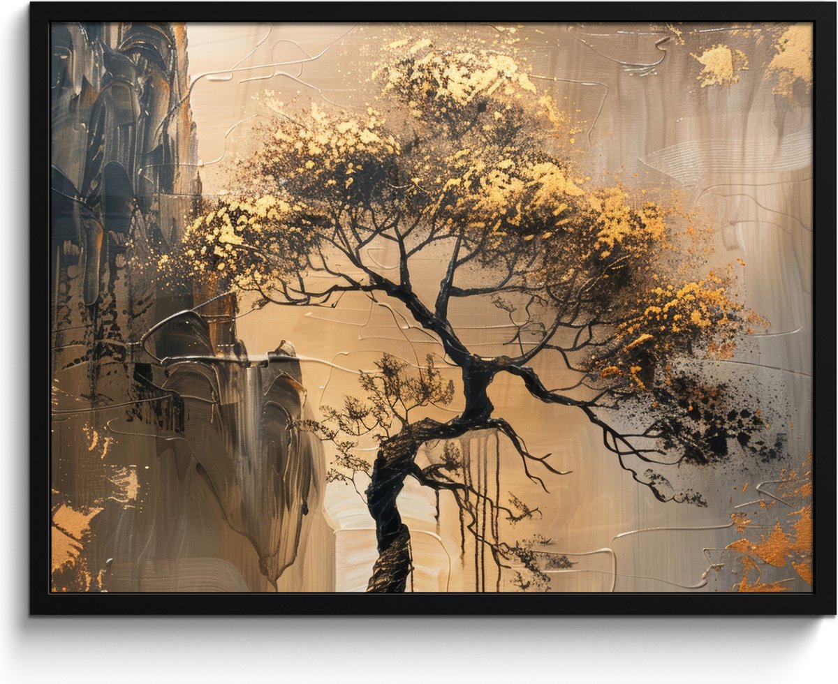 FrameYourWall Poster in lijst - Fotolijst 80x60 cm - Posters - Boom - Goud - Landschap - Verf - Posterlijst zwart - Decoratie - Wanddecoratie woonkamer - Muurdecoratie slaapkamer