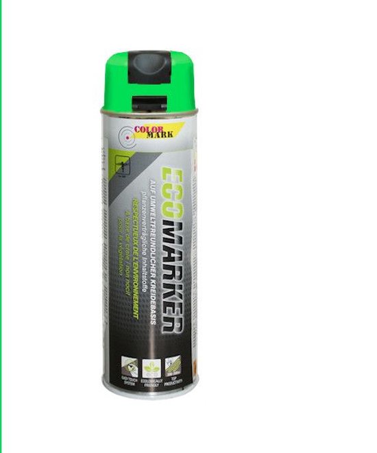 Groene ECO MARKER spuitbus met groene dop en tekst op de bus.