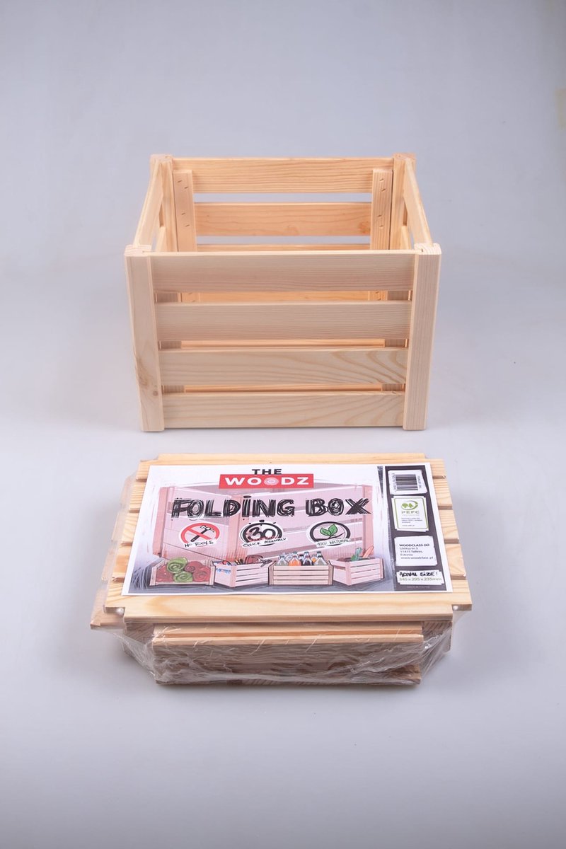 WoodZ Houten opvouwbare kist Houten vouwkist opbergkist maat: 34 5 cm x 29 5 cm x 23 5 cm Montage zonder gereedschap in enkele seconden Tot 8 keer minder ruimte nodig voor transport Montage en demontage in minder dan een minuut. maten