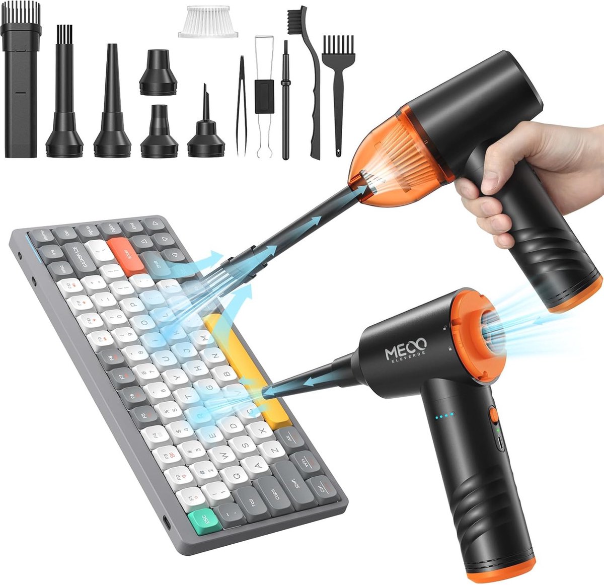 Air Duster en Mini Stofzuiger 4-in-1 met 110.000 RPM voor Effectieve Reiniging van Toetsenborden, PC's, Meubels en Auto's