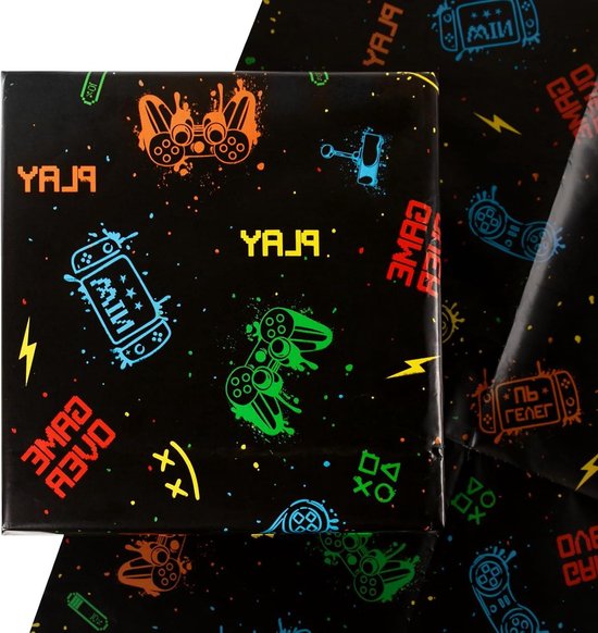 Inpakpapier voor videogames voor jongens, kinderen, meisjes, 4 vellen gaming-cadeauverpakking, gamecontrollers, inpakpapier, plat gevouwen, 50 x 70 cm per vel voor verjaardag, gamefeest
