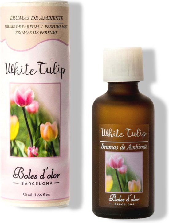 Verpakking en flesje met White Tulip geur, met afbeeldingen van tulpen in verschillende kleuren.