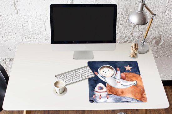 Muismat XXL 50x50 cm - Bureau onderlegger - Bureau mat Ruimte - Maan - Raket - Jongens - Meiden - Kinderen - Bureaumat - Gaming mousepad xl - Bureaulegger groot - Computer deskmat