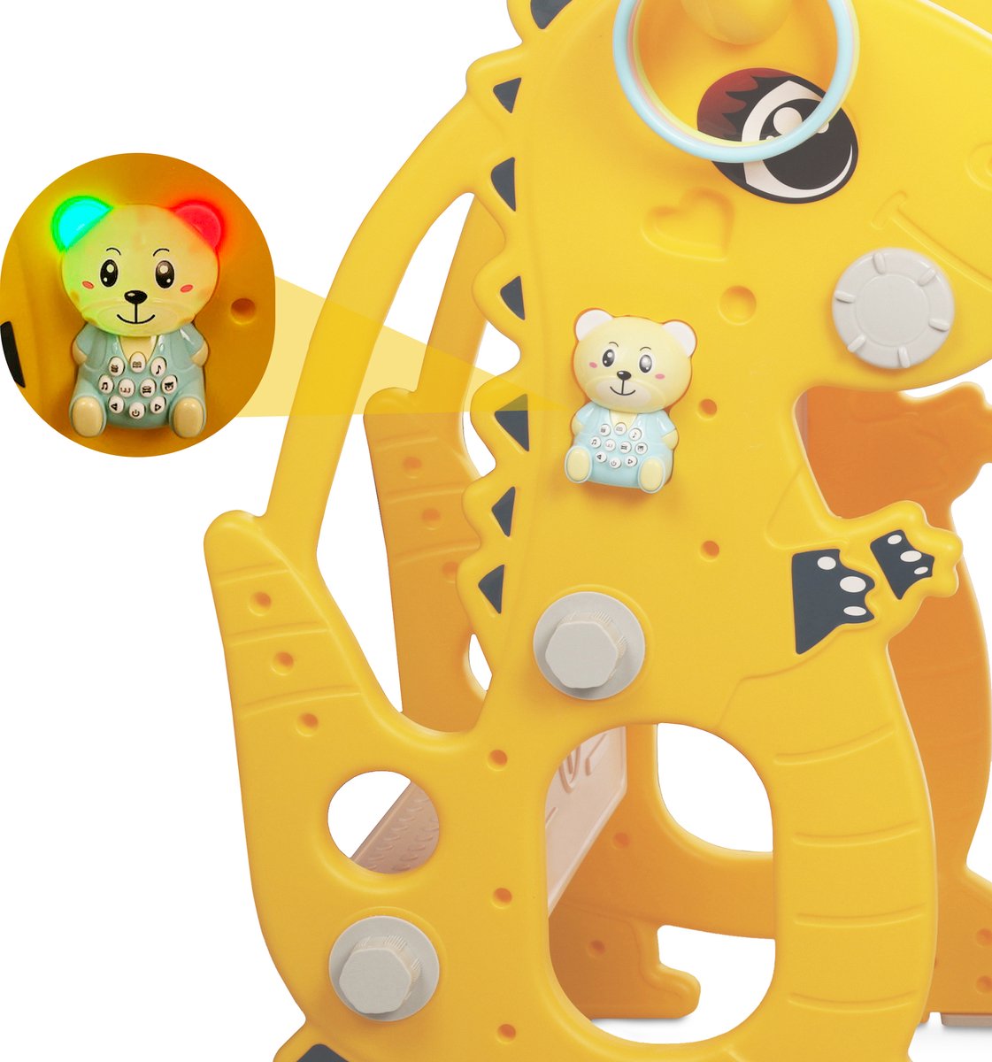 Rockerz Premium Glijbaan - Voor binnen en buiten - Speelplezier gegarandeerd - Opvouwbaar - Veilige dichte trap - Ringen spel - Basketbal ring (inclusief bal) - Muziek beertje - Kleur: Geel — afbeelding 16