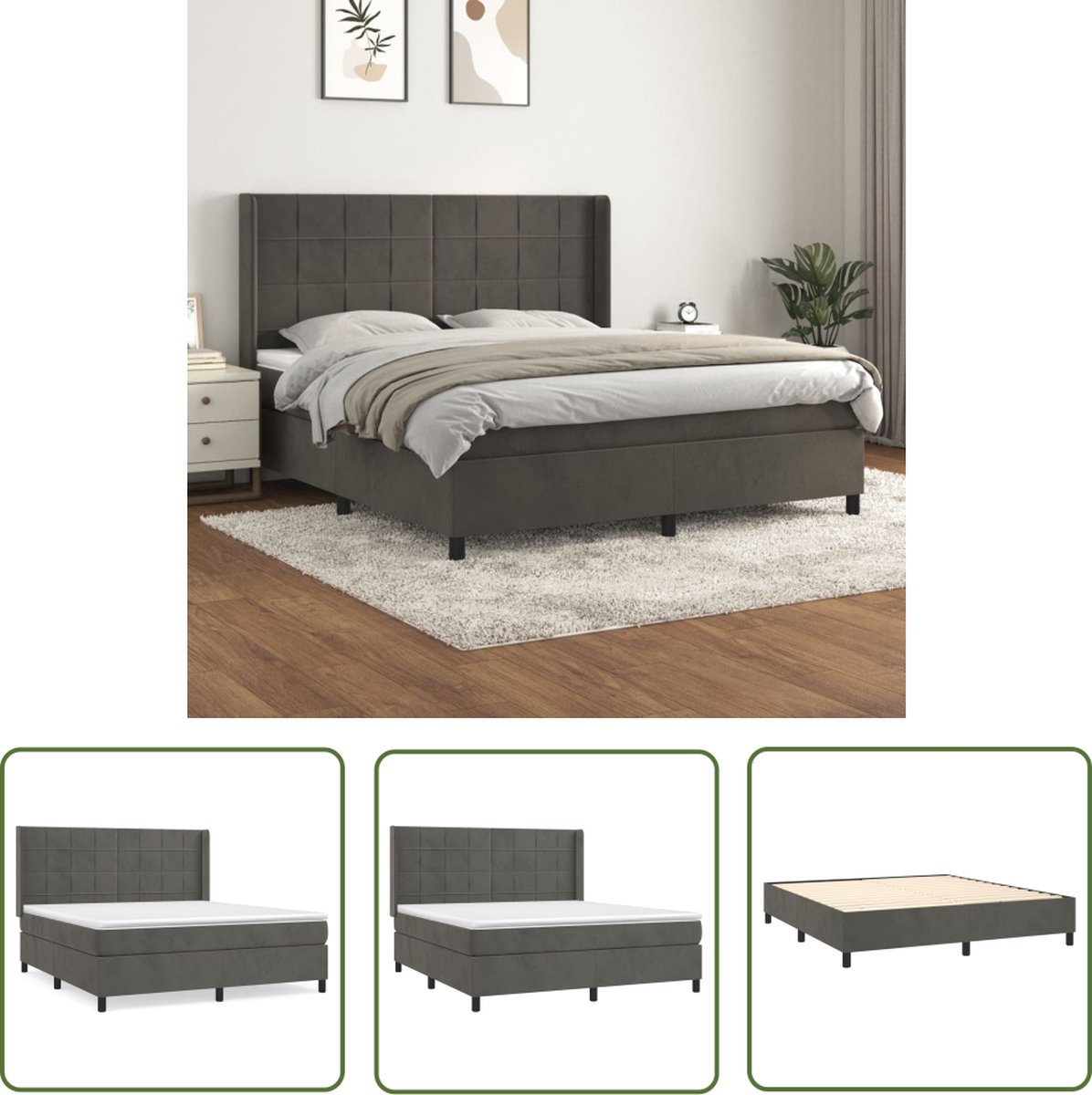 The Living Store Boxspringbed - Fluweel - 160x200 - Pocketvering - Middelharde Ondersteuning