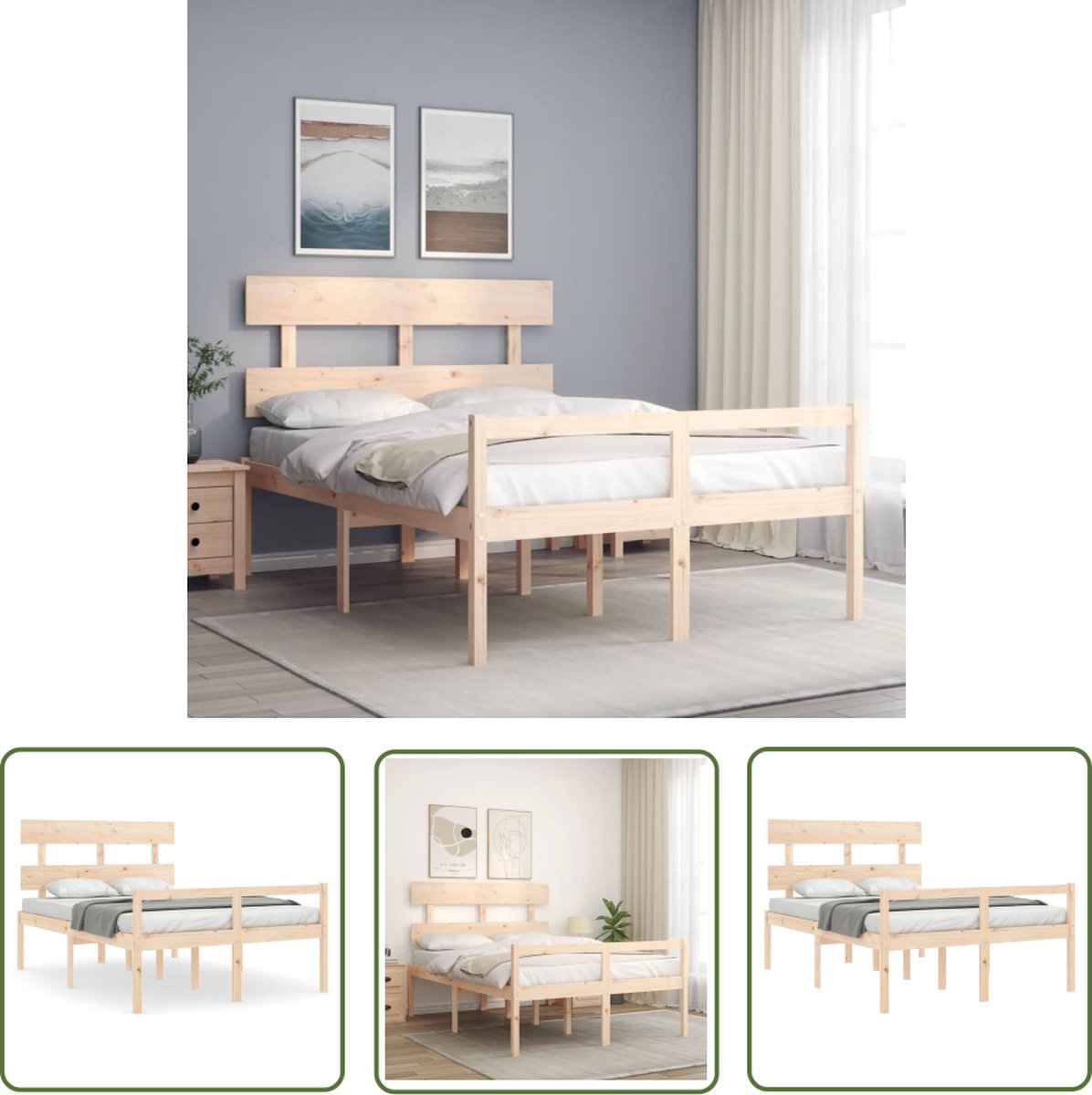 The Living Store Bedframe Massief Grenenhout - Bedframe - Afmeting- 205.5 x 145.5 x 81 cm - Ken- Multiplex lattenbodem - The Living Store
