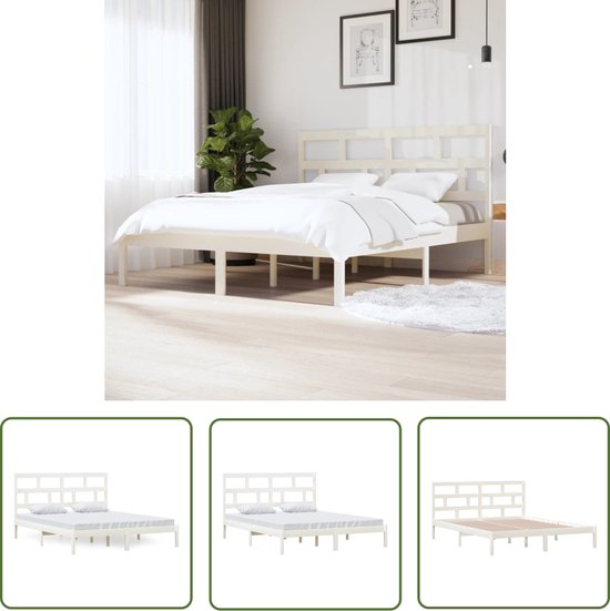 vidaXL Bedframe massief grenenhout wit 90x200 cm, bed, ledikant, massief houten bedframe, bedbodem, bed frame, slaapmeubel, bedden, bedbodems