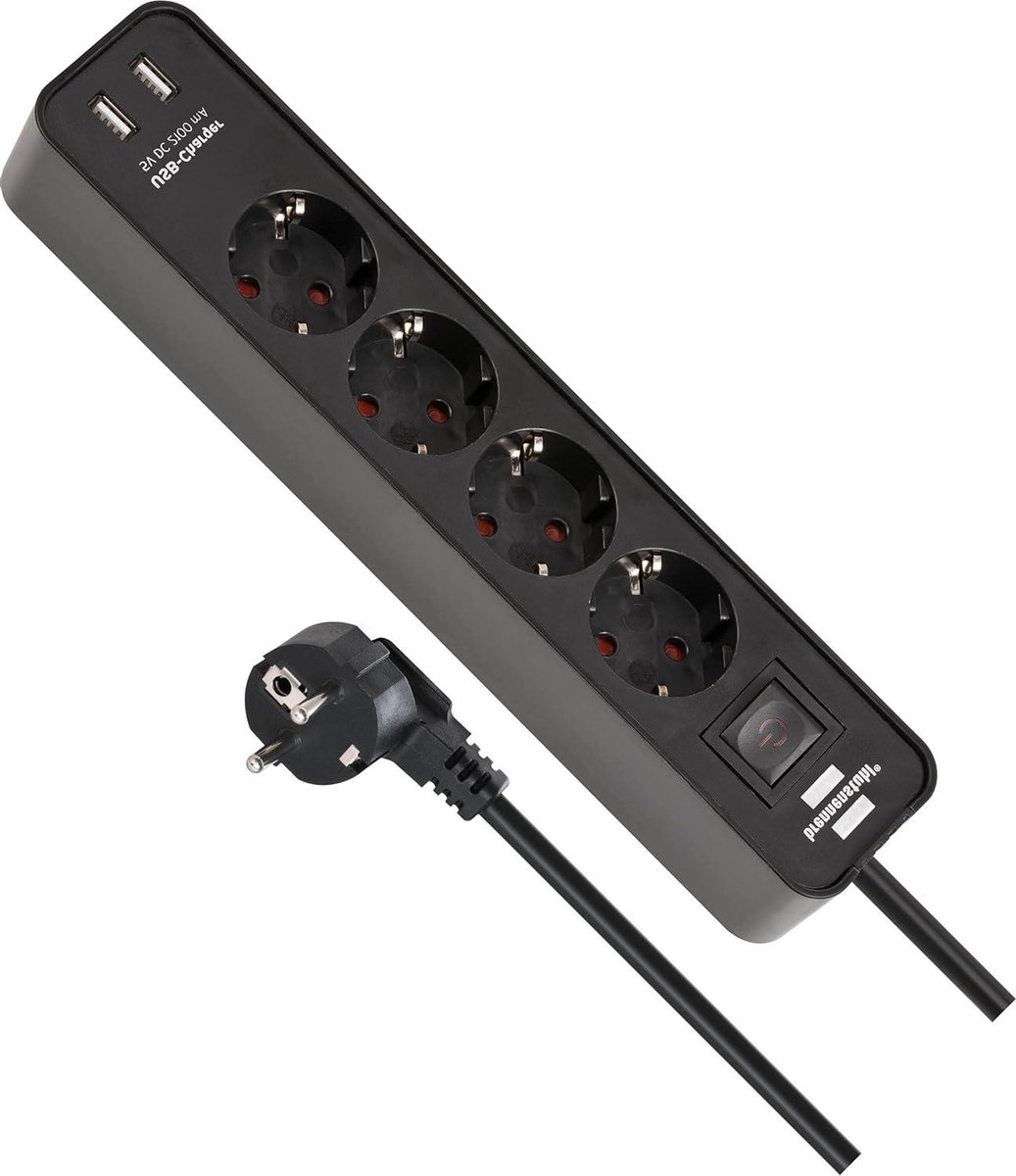 Stekkerdoos 4-voudig met USB-laader - zwart - schakelaar - 15m kabel