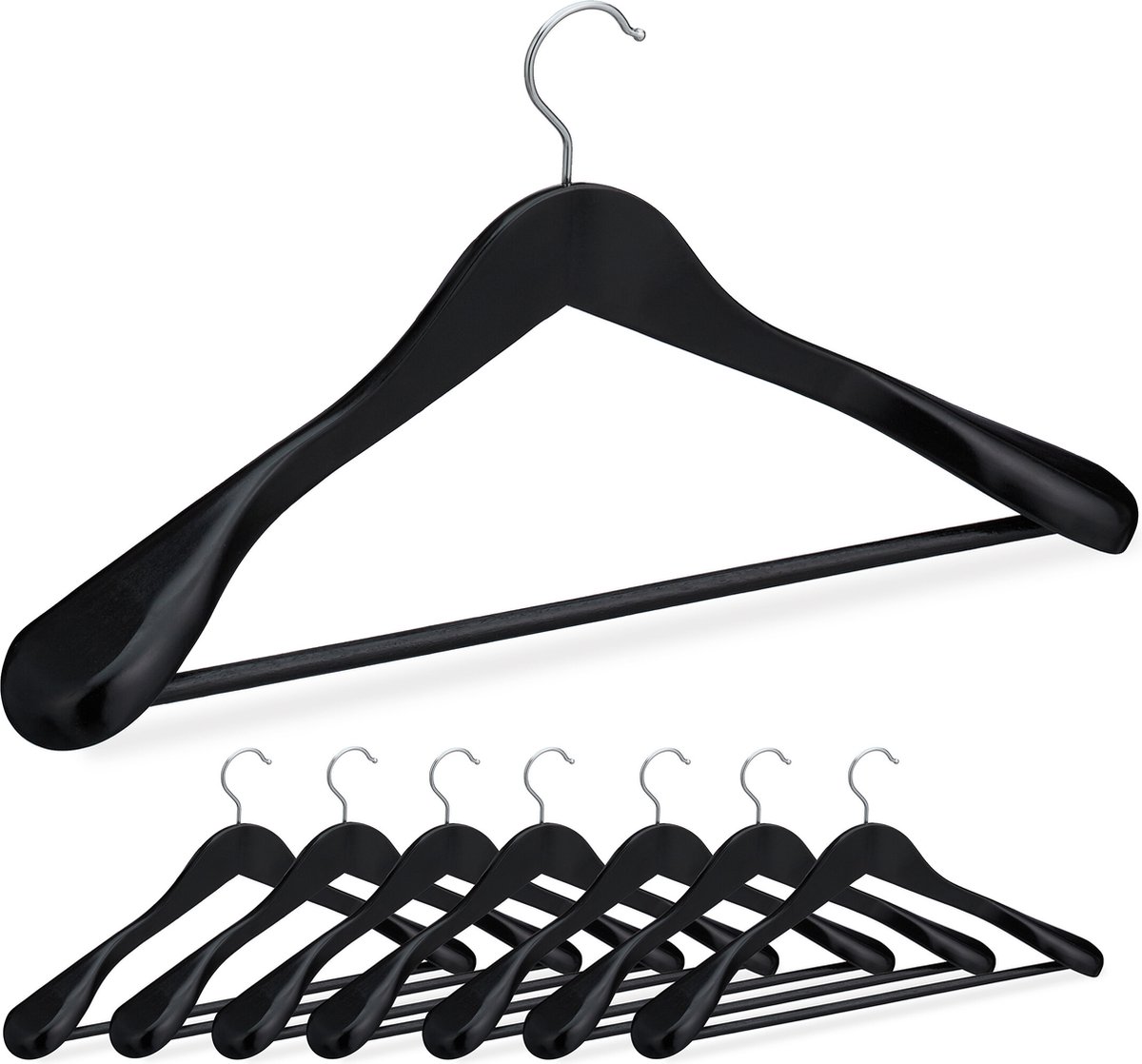 houten kledinghangers - set van 8 - brede schouders - 45 cm breed - zwart
