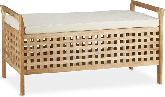 Zitbank met Opbergruimte - Houten Kistbank met Linnen Bekleding - 2-zits Meubel voor Keuken, Gang of Slaapkamer - Natuurlijk Wit