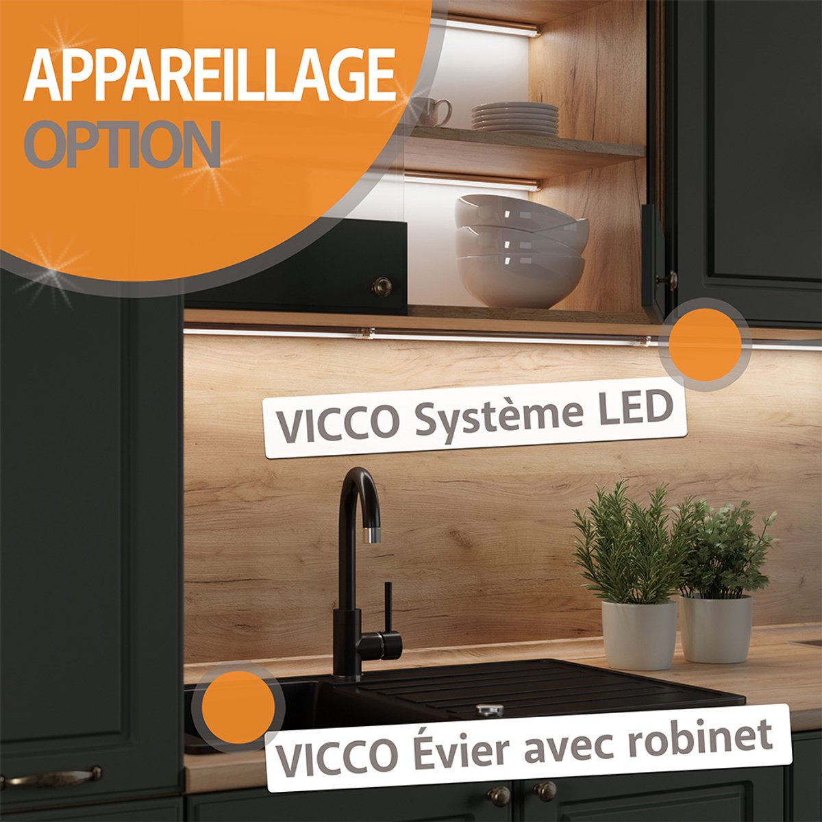 Vicco R-Line Eenpersoonskeuken – 160 cm, WB Marmer Artisanaal eiken/Goudkraft eiken