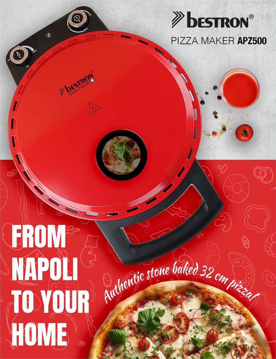 Bestron Turbo Pizzaoven voor pizza's in 5-10 minuten, elektrische pizzaoven met echte maximumtemperatuur van 320°C, inclusief pizzasteen en 2 grote houten spatels, Viva Italia, kleur: Rood – foto 2