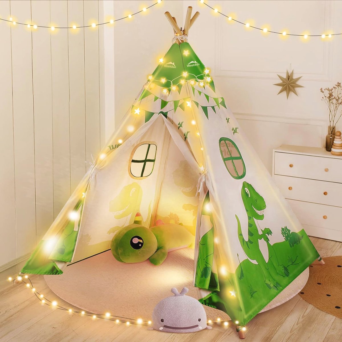 Tipi-tent voor Kinderen met Gevoerde Mat en Lichtketting - Opvouwbare Katoenen Speeltent voor Binnen en Buiten