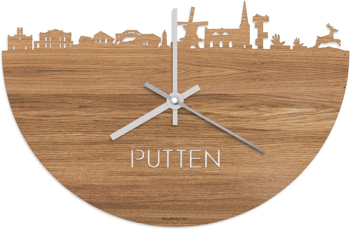 Skyline Klok Putten Eikenhout - Ø 40 cm - Stil uurwerk - Wanddecoratie - Meer steden beschikbaar - Woonkamer idee - Woondecoratie - City Art - Steden kunst - Cadeau voor hem - Cadeau voor haar - Jubileum - Trouwerij - Housewarming - WoodWideCities